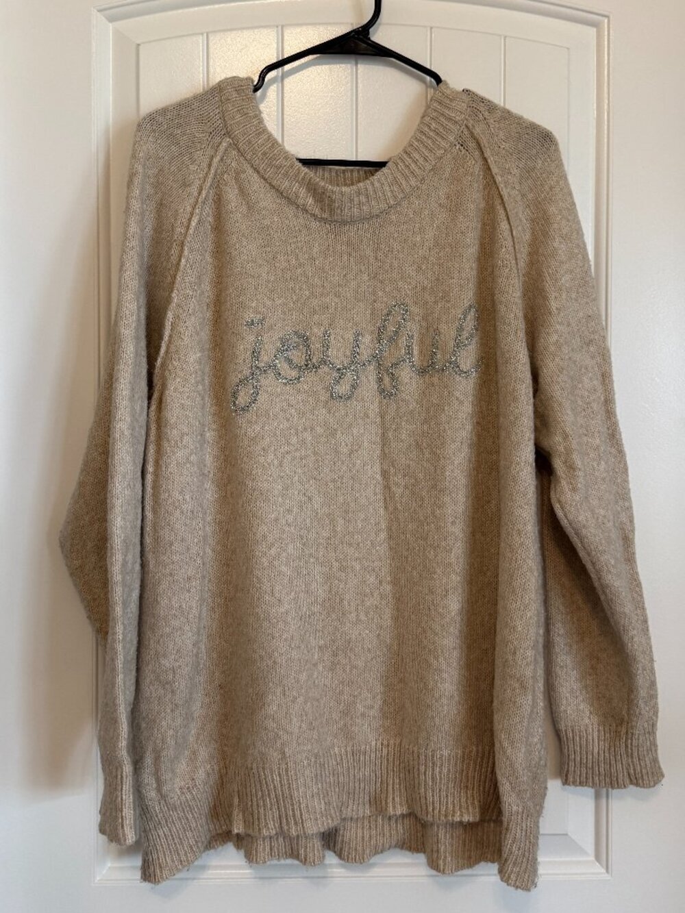 Soft knit sweater featuring a sparkly "joyful" graphic. - Picture 1 of 7